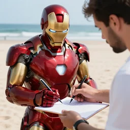 iron man signing autographs at the beach, 4 k, high detail, high - resolution photograph, professional photography, ultra - detail