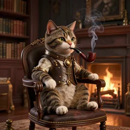 steampunk cat sits in a chair in front of a fireplace in a book lined room and smokes a pipe, high realistic, high detailed, octane render