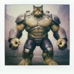 epic pose!!! giant oversized battle armor hulked anthropomorphic cat rugged hulked, in legnica, full body, cinematic focus, polaroid photo, vintage, neutral dull colors, soft lights, foggy mist, by oleg oprisco, by thomas peschak, by discovery channel, by victor enrich, by gregory crewdson