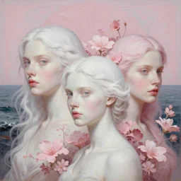 Females Portrait by Miho Hirano, Ross Tran and Ilya Kuvshinov, realistic, detailed, white, light pink tonalities, beautiful collage technique including flora, sea, wind, ornate sea background, beautiful Fantasy detailed trending on artstation, oil painting,Dramatic lighting, eterea , high quality print, fine art with subtle redshift rendering