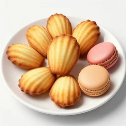 a.plate full of madeleins and macarons