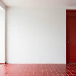 interior photo of a ceramic tile house, octane render, minimalism, white and red colour palette