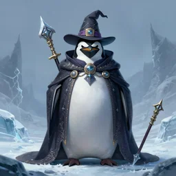 anthropomorphic evil penguin wearing gloomy magician clothes, icy landscape, weapons, dnd, mystical, large frontal portrait, character, fantasy, intricate, elegant, digital painting, artstation, concept art, smooth, 8 k frostbite 3 engine, ultra detailed, art by artgerm and greg rutkowski and magali villeneuve