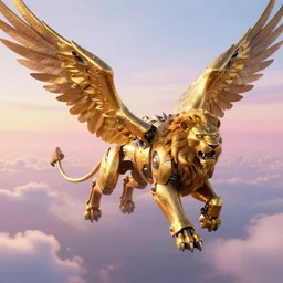 the ancient world, hyper complexity, highly detailed, cinematic lighting, pastel colored sunrise, flying robotic lions with gold metal huge wings on the back in the sky, sharp outlines, whole body, drone view, hyperrealistic, trending on pixiv fanbox, love death robot,