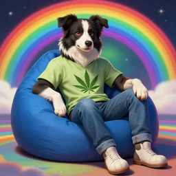 photo of a male anthropomorphic border collie fursona wearing a marijuana t - shirt and jeans sitting on a beanbag chair, psychedelic rainbows, deep focus, highly detailed, digital painting, artstation, concept art, matte, sharp focus, illustration, art by artgerm and greg rutkowski and alphonse mucha