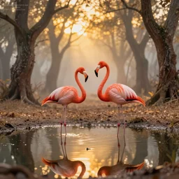 a stunning ultra detailed fantasy fine art photo of flamingo by a reflective pond in a barren sinuous forest, by gediminas pranckevicius and tomasz alen kopera, foggy, crepuscular rays, artstation, 8 k, deep depth of field, 3 5 mm lens, golden hour hues, vibrant colors, golden ratio composition