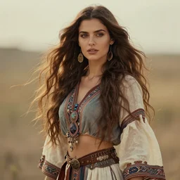 ethereal beautiful woman with long flowing hair in gypsy outfit, high detail