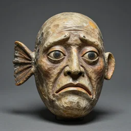 photographic portrait of a wrinkly sad anglerfish puppet face sculpture, by max ernst and alfred pellan