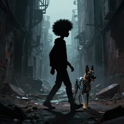 a dynamic long shot portrait of the silhouette of a black boy with an afro walking a cybernetic german sheppard through a post apocalyptic alley, by simon stalenhag, dark and ominous, digital illustration, behance, rendered in unreal engine 5, rim lighting, volumetrics, ray tracing, 8 k, hd