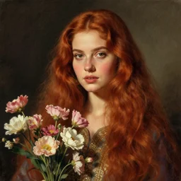 goddess of flowers. pakistani. long ginger hair. vintage photography film noir. atmospheric lighting. highly detailed digital painting by greg rutkowski. sharp focus, 8 k.