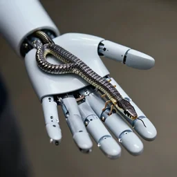 a snake robot crawling on a robots hand.