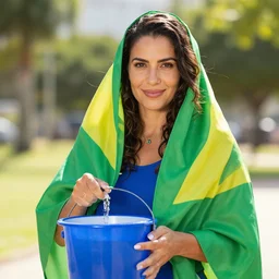 portrait of a brazilian woman with the brazil flag wrapped in her hair and holding a bucket with water, professional photography, sunny day
