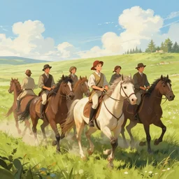 a group of people riding on the backs of horses, a storybook illustration by krenz cushart, pixiv contest winner, fantasy art, official art, concept art, storybook illustration.