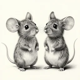 a beautiful pencil drawing of exactly two!!!!! cartoon mice; masterpiece; extremely highly detailed; ultra-realistic; trending on artstation