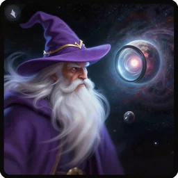 artwork of wizard, white beard, with purple hat with a golden line across his hat whilst in space, on the right side of a distant planet nebula floating behind the planet, lens zoomed in, ethereal motion blur focusing on the wizard, 8 0's dungeons and dragons card artwork