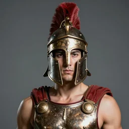 beautiful model wearing roman soldier helmet with cheek flaps
