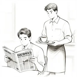 a waiter serving coffee to a man reading the news paper. line drawing. vignette. comic style..