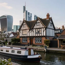 realistic photo of a tudor style detached house, skyscrapers on the background, a river flowing through the scene, houseboat in the foreground, a cat sitting on the deck, dusk