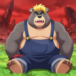 つくしあきひと blushing bear man chubby sumo wrestler anthro blonde hair tuff on head, grey fur, disney country bears animatronic bloody sharp teeth wearing overalls flannel posing seductive, sitting in grass, bara yaoi, red sky third impact background apocalypses style in akihito tsukashi