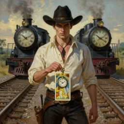a dramatic ethereal epic symmetrical painting of a handsome villainous cowboy standing in front of railroad tracks with a train locomotive | his shirt is unbuttoned and he has a pocketwatch | tarot card, art deco, art nouveau, (steampunk), homoerotic, realistic, clocks | by Mark Maggiori and ((Alphonse Mucha)) | trending on artstation
