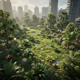 photorealistic procedurally generated nature and city environment using the wave function collapse placement algorithm ; rendered in unreal engine 5 with path traced lighting.