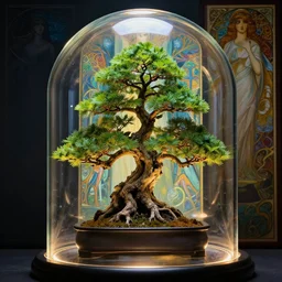 the last bonsai tree, glass dome, perfect shape, beatiful painting, volumetric lighting, symmetrical, by marc simonetti, high fantasy, sci-fi, looking up, moebius and alphonse mucha