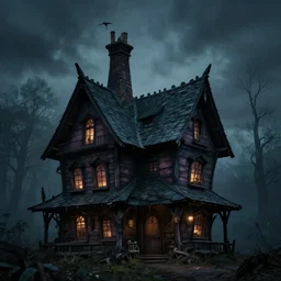 Dark and Gloomy Witch house with chimney, in style of Anne Stokes