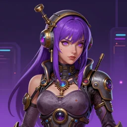 a digital painting of a woman with purple hair, cyberpunk art by senior character artist, featured on artstation, retrofuturism, 2 d game art, steampunk, future tech