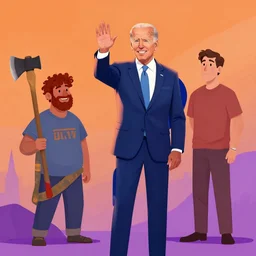 joe biden waves to a redditor named joxeta while holding an axe by greg rutkowski and dave mckean in an orange and purple color palette