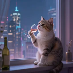 anthropomorphic cat drinking a glass of wine sitting by the window and looking on the cyber city skyline, romantic mood, highly detailed, digital art in bastien lecouffe deharme style