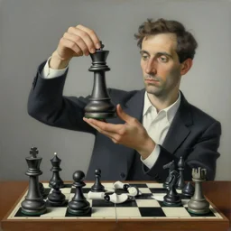 a man holding up a single chess piece, a surrealist painting by marcel duchamp, complex artificial intelligence machinery, flickr contest winner, stuckism, surrealist, studio portrait, 1 9 2 0 s