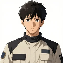 anime portrait of a man by shin'ichiro watanabe, he is about 3 0 years old, short black hair with bangs, his features are a mix between french, turkish and russian and he is wearing a beige and black utility jumpsuit, highly detailed portrait, digital painting, artstation, concept art, smooth, sharp foccus ilustration, artstation hq
