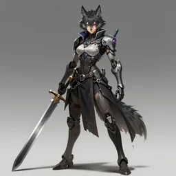 a full body + face character portrait of a female humanoid anthropomorphic edgy cyborg - wolf posing heroically with a broadsword in the style of dark fantasy in the style of anime trending on artstation deviantart pinterest furaffinity detailed realistic hd 8 k high resolution