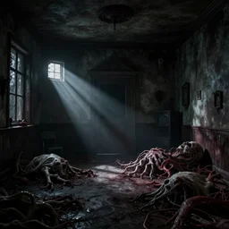 interior of a room from silent hill, creepy, hellish, dark, body amalgam