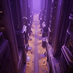 Sci-fi wallpaper of an alley in a desert city, view from the top, purple color-theme, cinematic, science-fiction art wallpaper, stunning digital art