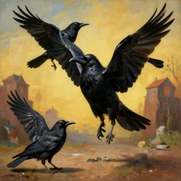 raven birds expressively dancing by otto dix and greg rutkowski and andreas rocha, cinematic lighting, highly detailed, warm colours, 4 k