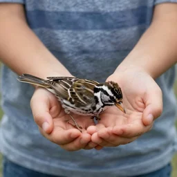 a zebra finch dying in the palms of a small boy realistic cinematic 3 5 mm 8 k hdr