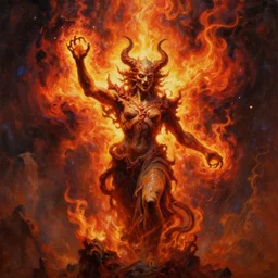 epic oil painting of a demonic statue exploding from an otherworldly force, pure evil demonic flames, invocation, by dan seagrave art