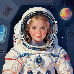 editorial illustration interior portrait of space ship with a young astronaut girl, colorful modern, mads berg, karolis strautniekas, christopher balaskas, fine texture, dynamic composition, detailed, matte print, dynamic perspective, halftone texture, muted color, lomography, risograph