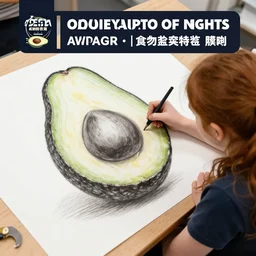 a photo of a redhead girl drawing an avocado in a big format using charcoal in an art class, award winning photo