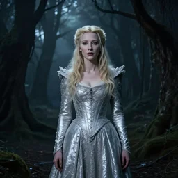 portrait of ((mischievous)), baleful young ((Cate Blanchett)) as Galadriel as a queen of fairies, dressed in a beautiful silver dress. The background is a dark, creepy eastern europen forrest.  night, horroristic shadows, high contrasts, lumnious,  photorealistic, dreamlike, (mist filters), theatrical, character concept art by ruan jia, thomas kinkade, and J.Dickenson, trending on Artstation