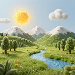 a meadow made of wool, wool mountains in the background, wool trees, wool river, wool sun, wool clouds, wool lighting, an award winning sculpture, wool realistic, beautiful, wool quality, professional
