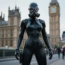 scifi movie, world sexy female cyborg in black rubber and gas mask, posing in the middle of london