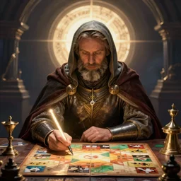 hermeticist videogame and board game scholar librarian knight on research quest fantasy concept art