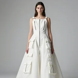 a portrait of a model detailed features wearing a cargo wedding dress - chic'techno fashion trend lots of zippers, pockets, synthetic materials, jumpsuits. - by balenciaga and issey miyake by ichiro tanida and mitsuo katsui