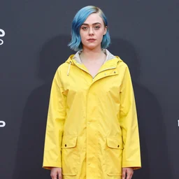 Dakota Fanning with short blue hair wearing a yellow raincoat by Dave McKean