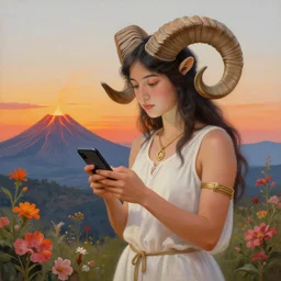 painting by josephine wall, horned ram goddess, checking her cell phone, erupting volcano in distance, sunset, flowers in foreground, zodiac, fantasy acrylic on canvas, intricately detailed, highly detailed, high resolution, hdr, 8 k, by senior concept artist, trending on artstation