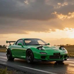 A modified green Mazda RX-7 on a wet road, highly detailed, golden hour, atmospheric lighting, dramatic sky, 4k, 8k