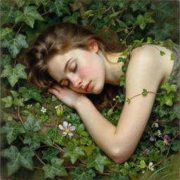 stylized portrait of an artistic pose, composition, young lady sleeping sorrounded by nature, ivy's, flowers, one single head, realistic shaded, fine details, realistic shaded lighting poster by ilya kuvshinov, magali villeneuve, artgerm, jeremy lipkin and michael garmash and rob rey