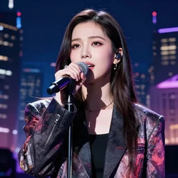girl singing on stage, wearing fashion jacket, night city background, epic perspective. | very very anime!!!, fine - face, audrey plaza, realistic shaded perfect face, fine details. anime. very strong realistic shaded lighting poster by ilya kuvshinov katsuhiro otomo ghost, magali villeneuve, artgerm, jeremy lipkin and michael garmash and rob rey